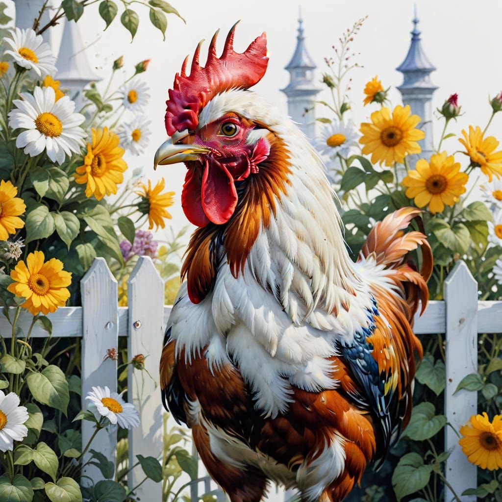 Close up Rooster, white fence, garden, flowers, Beuckelaer, ...