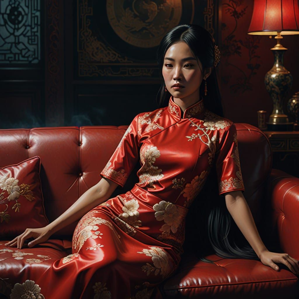 Luxurious Dark Fashion Portrait of a Chinese Woman in Red Qi...