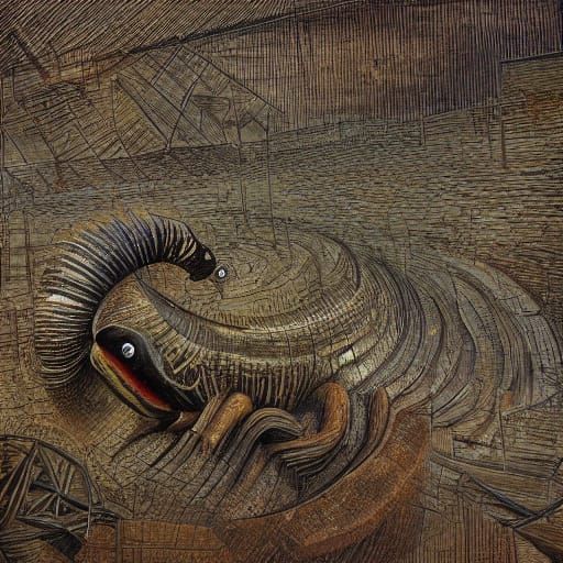 Giant Earthworm Attacked by Mammal in Cubist Style