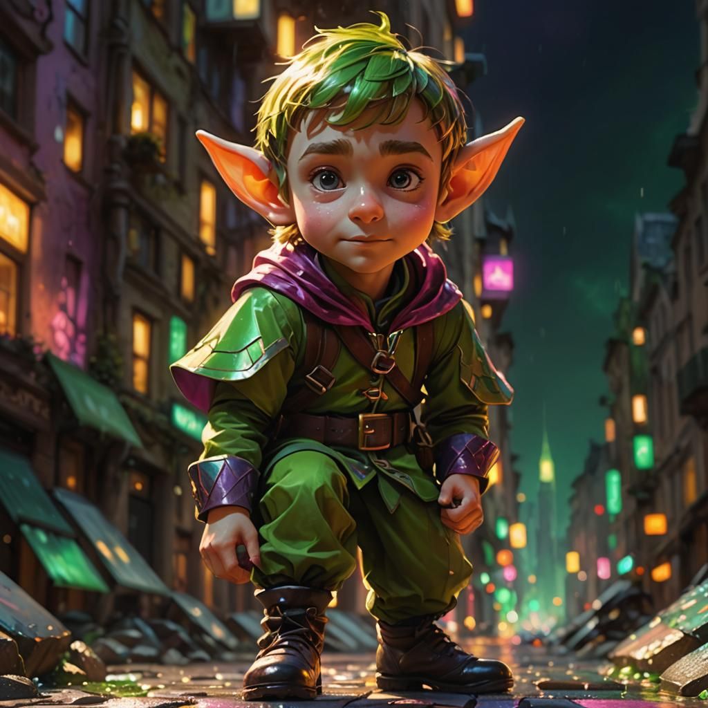 Elf Boy in Futuristic Cityscape: Vibrant Futurism