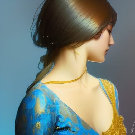 Girl in Blue and Gold Dress: Detailed Portrait