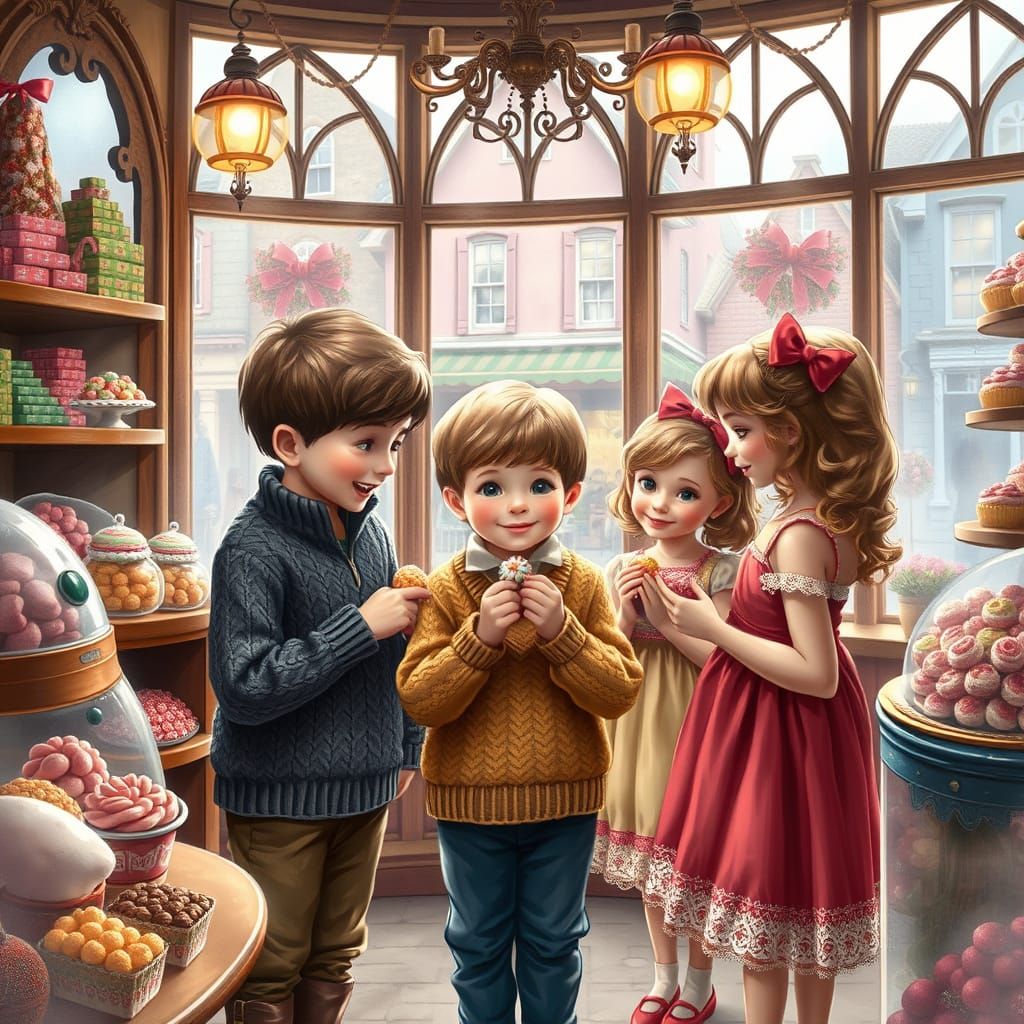 In a whimsical candy shop, a young boy shares sweets with hi...