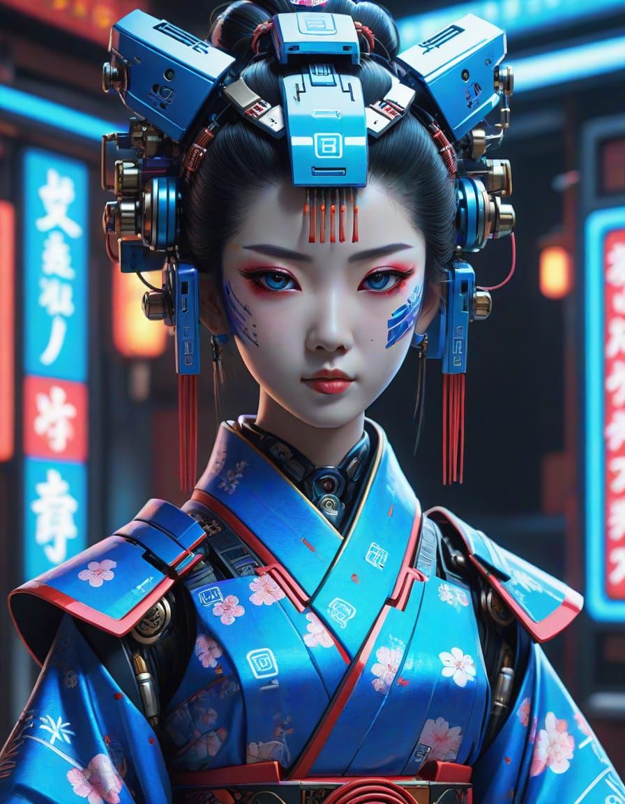 Robotic Geisha Portrait in Cyberpunk Style