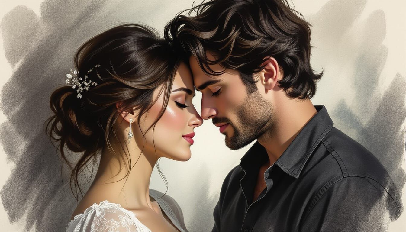 Intimate Couple Lost in Love Charcoal Drawing