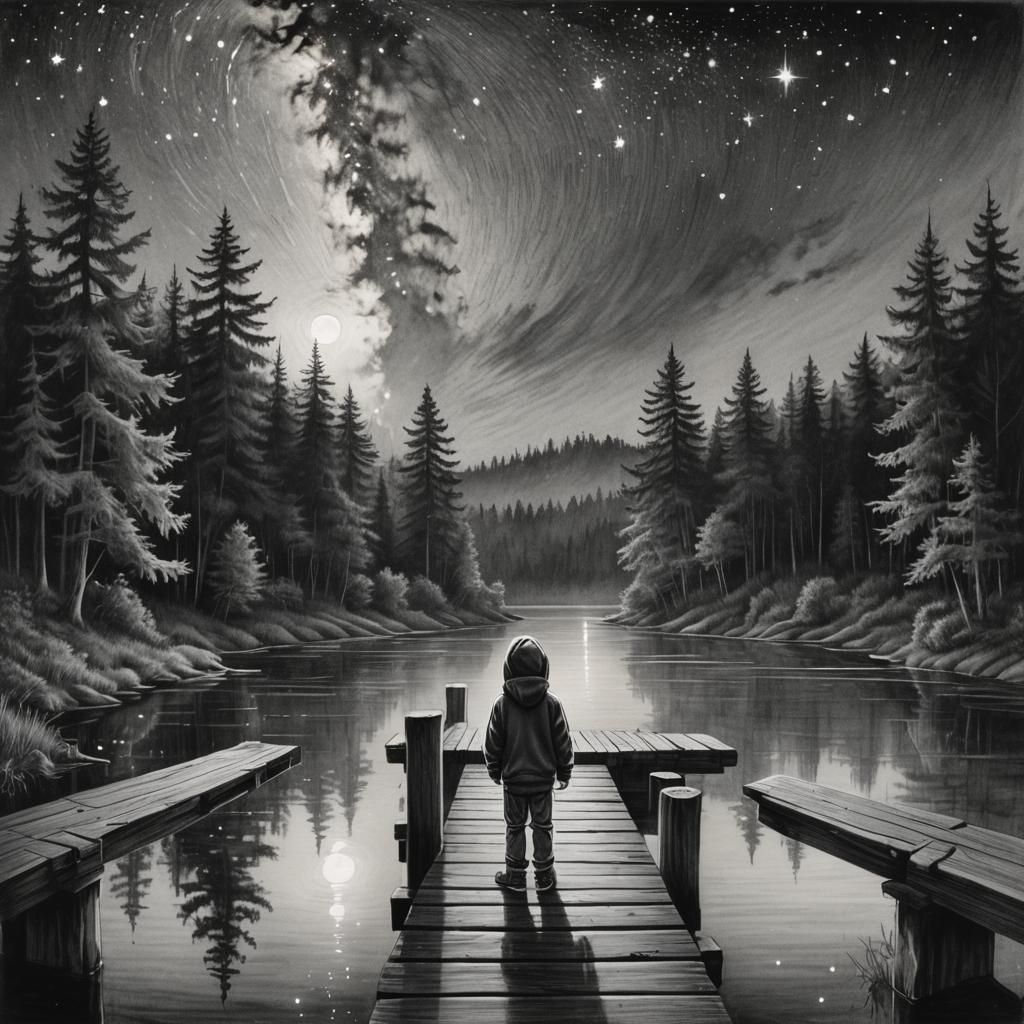Child Gazing at Galaxy: Hyperdetailed Charcoal Drawing