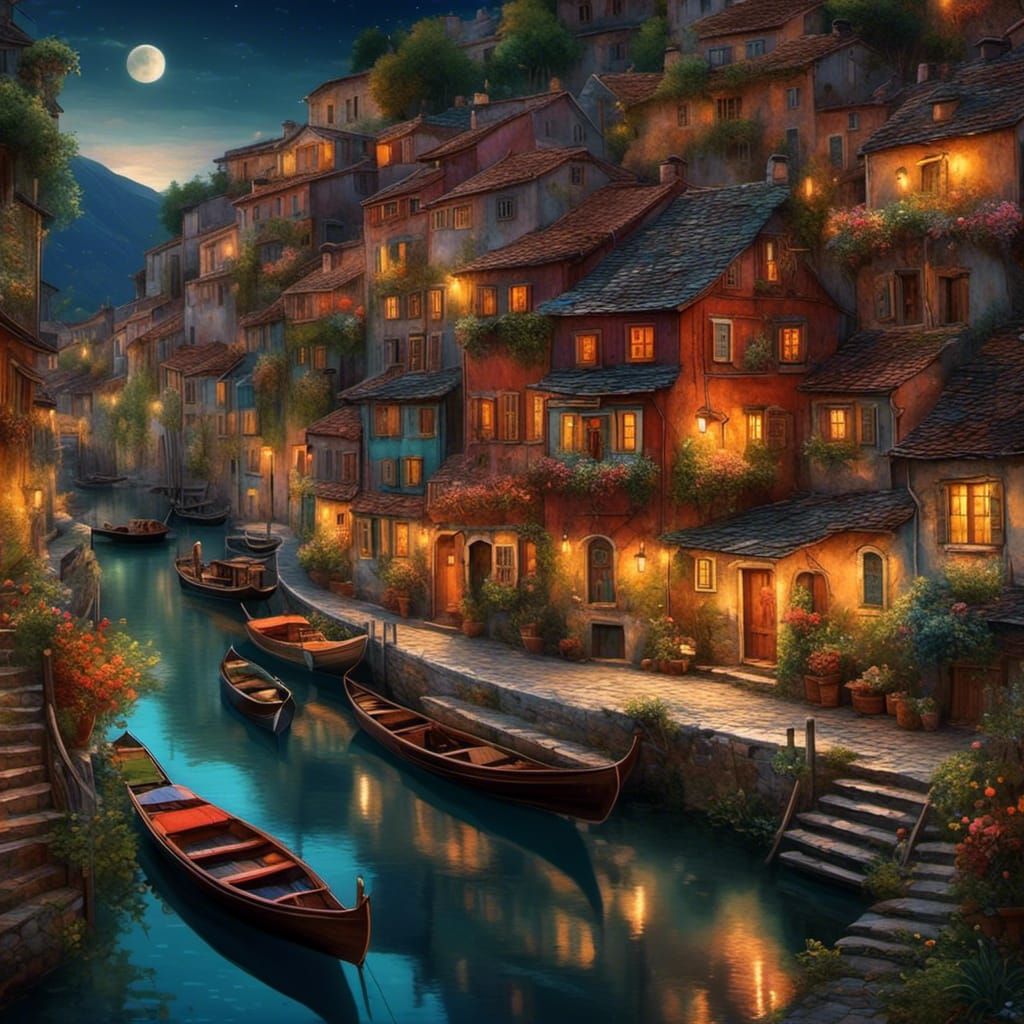 Vibrant Tiny World at Night as Matte Painting