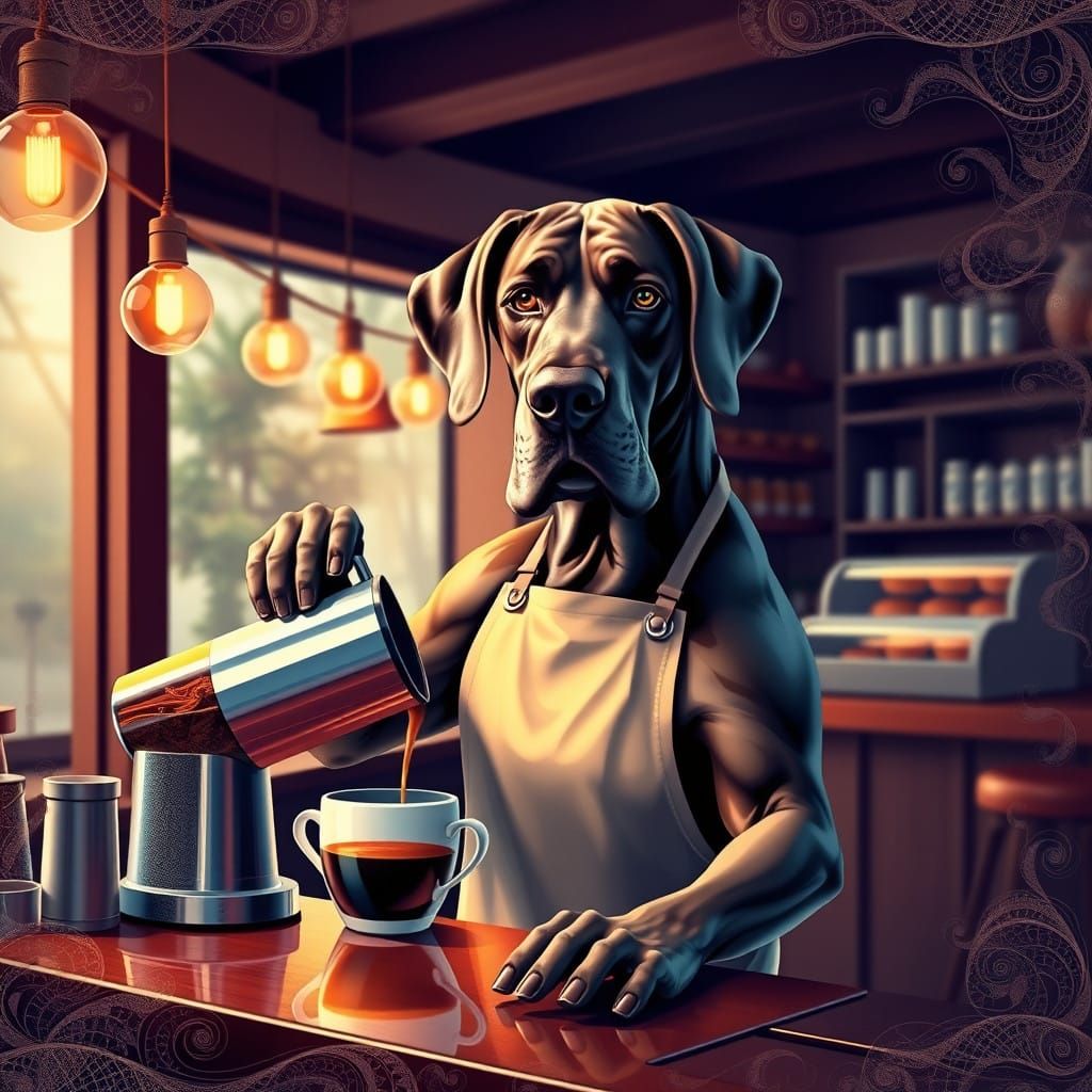 Majestic Great Dane Barista in Vibrant Abstract Fractal Café...
