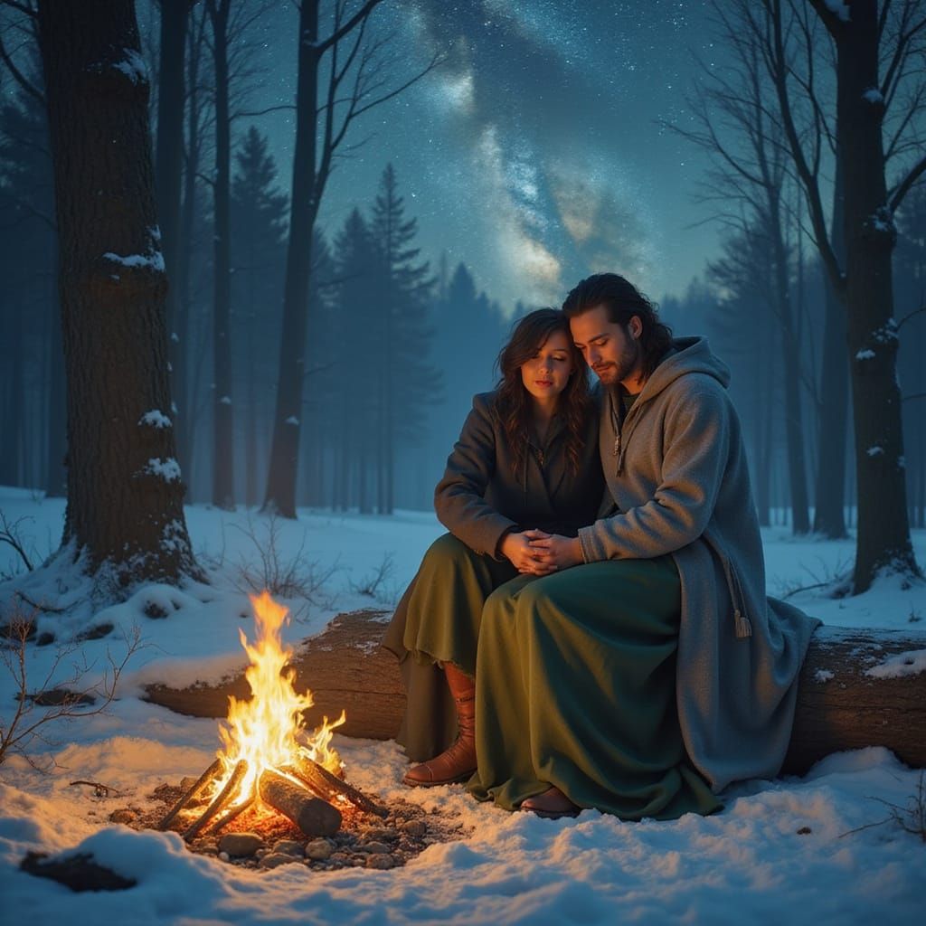 Romantic Fantasy Scene in Snowy Woods at Night
