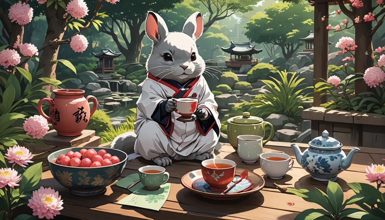 Chinchilla's Tea Time in Anime Japanese Garden