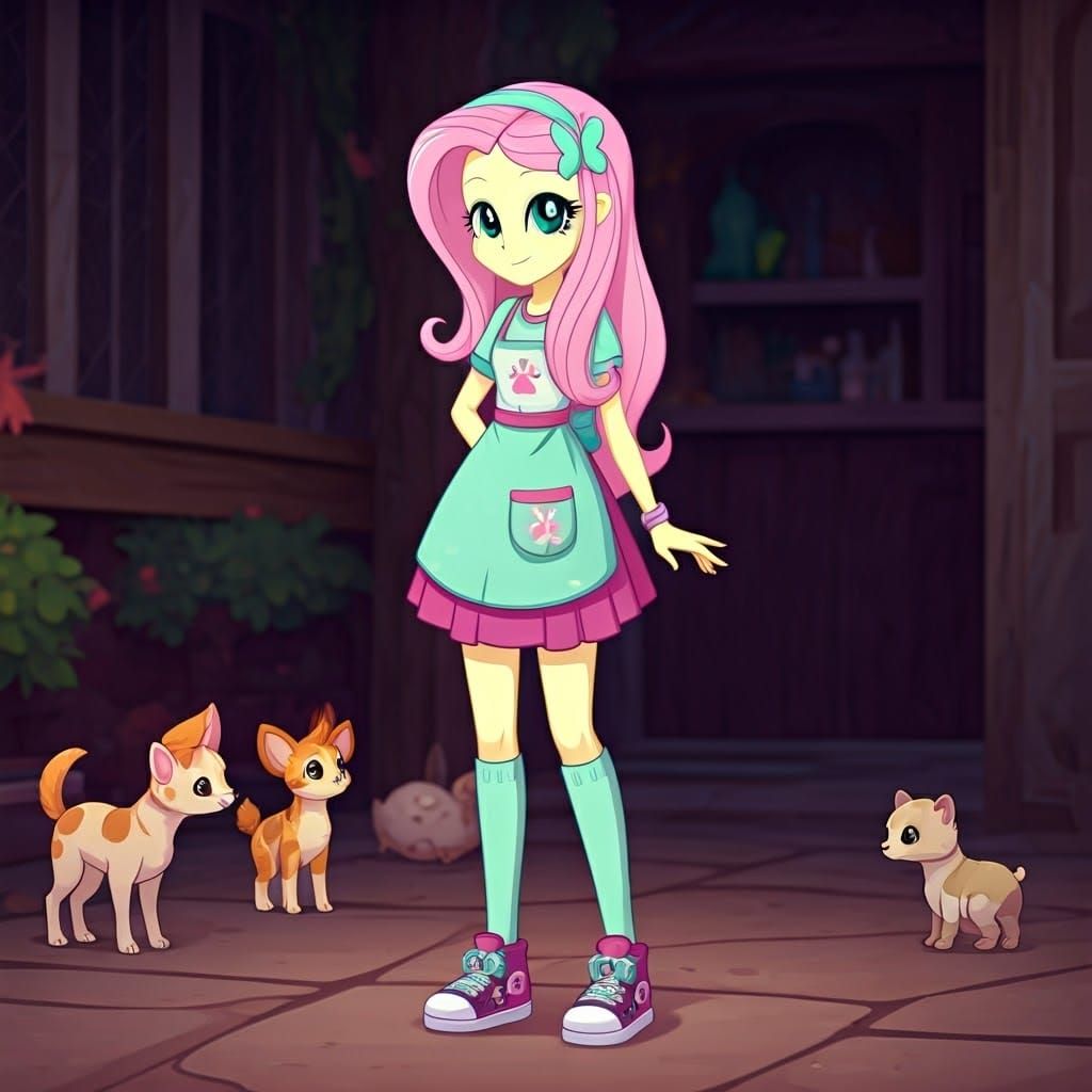 Fluttershy at Animal Shelter, Anime-Inspired 3D Art