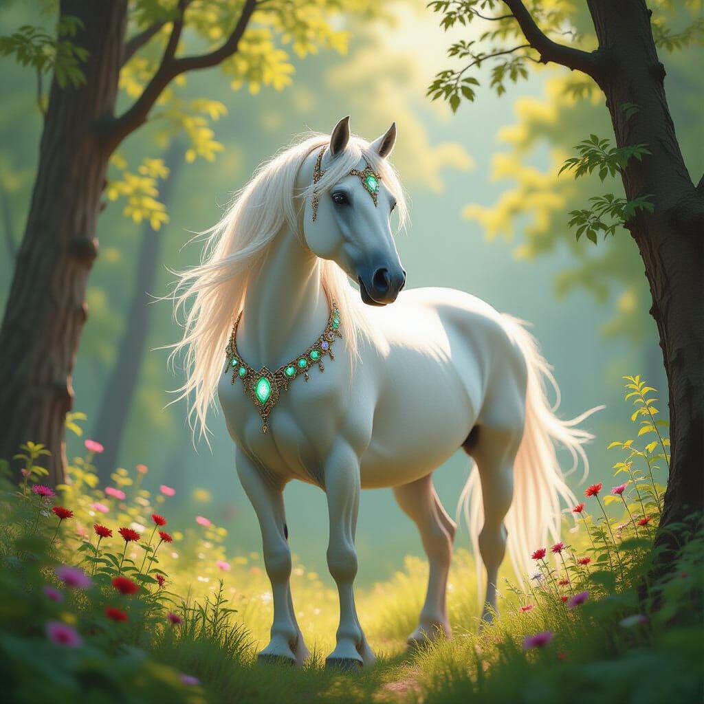 Majestic White Horse in Sun-Dappled Forest Clearing