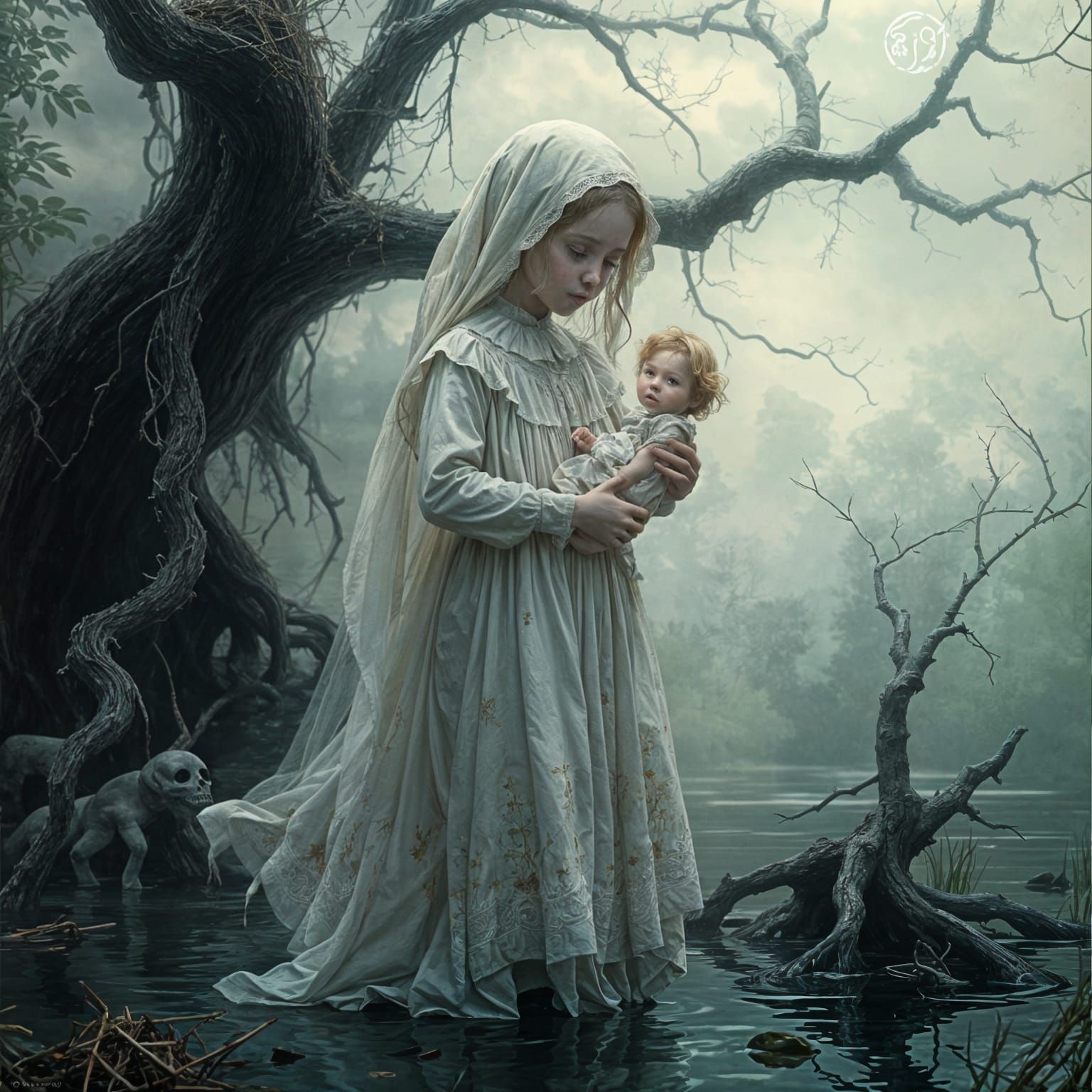 Ethereal Ghost of a Drowned Child Surrounded by Muted Lake W...