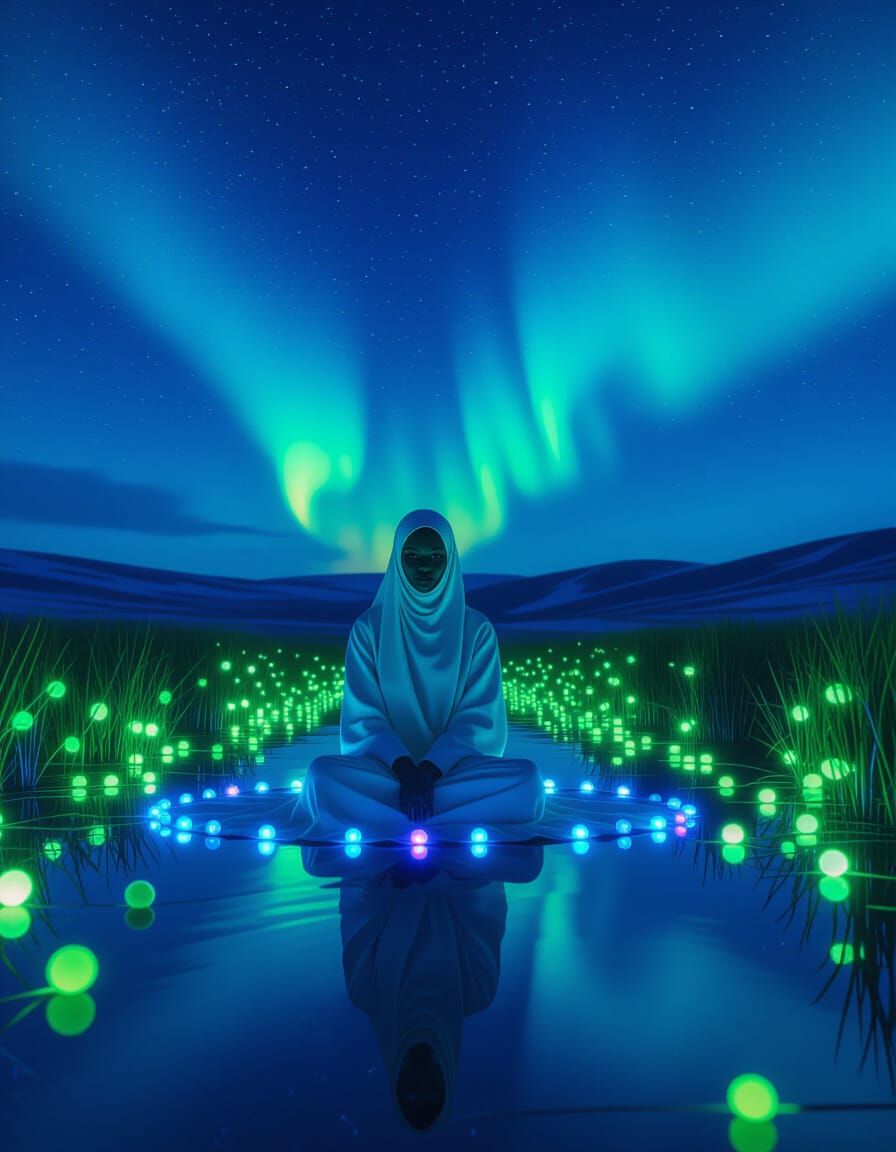 Alien in Aurora Landscape: Futuristic Neon Art