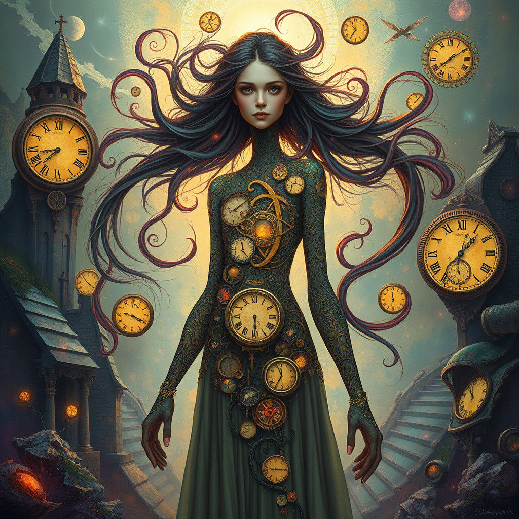 Clockwork Woman in Mystical Dreamscape