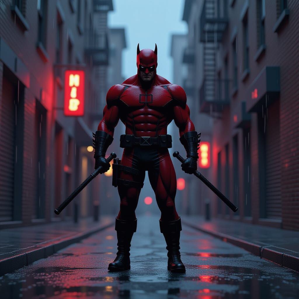 Daredevil Silhouette in Rain-Slicked NYC Alley