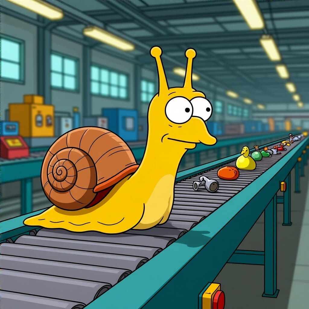 Animated Simpson's Snail Wonders at Factory Conveyor