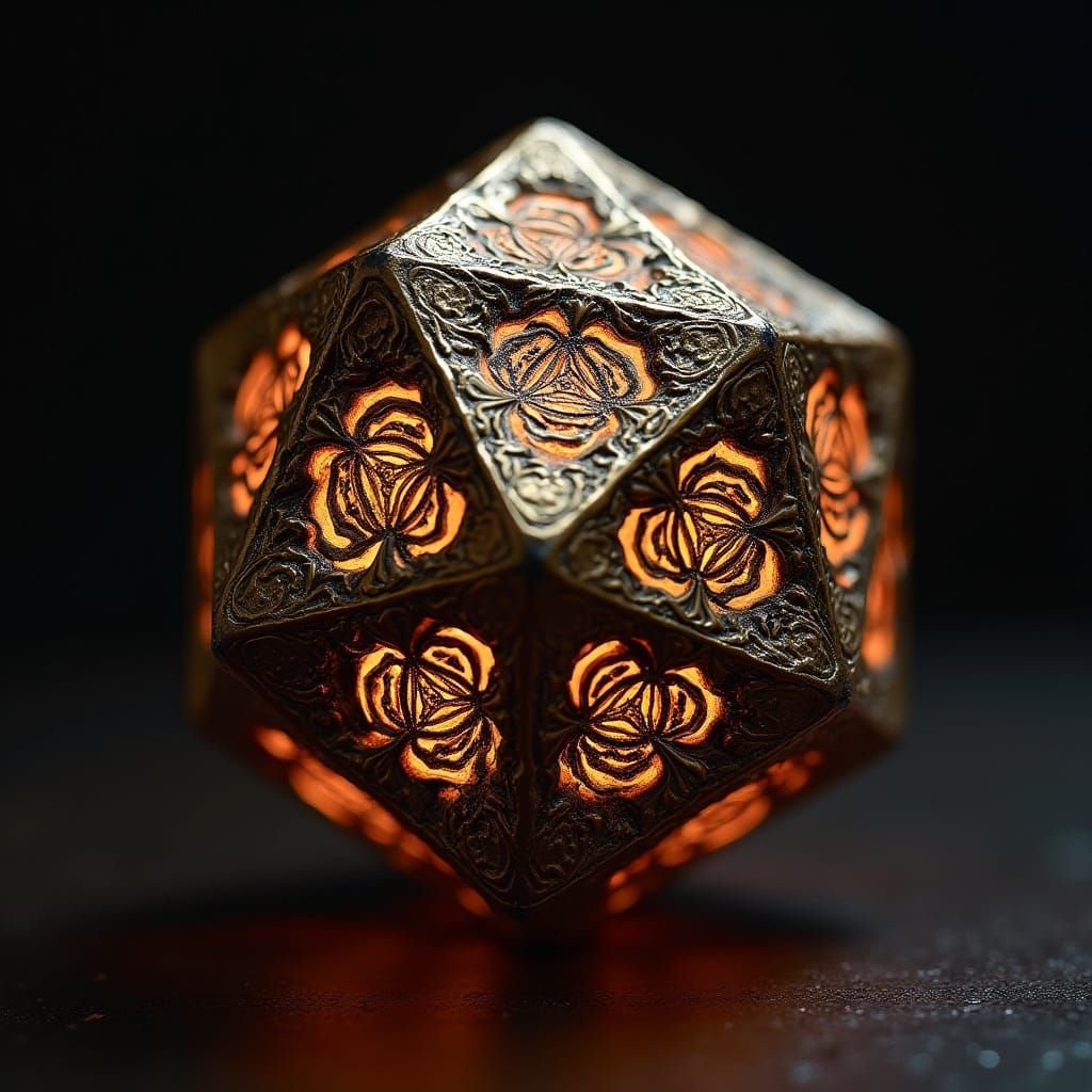 Intricately Engraved Bronze Dodecahedron Emitting Light