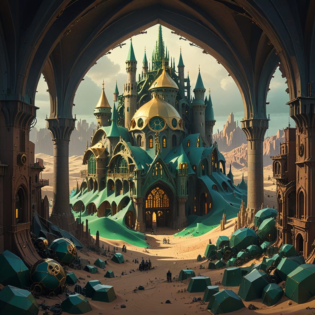 Steampunk Emerald City in Desert Twilight