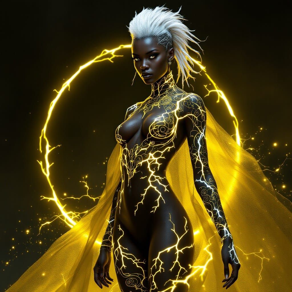 Mystical Storm Goddess with Ebony Skin and White Mohawk
