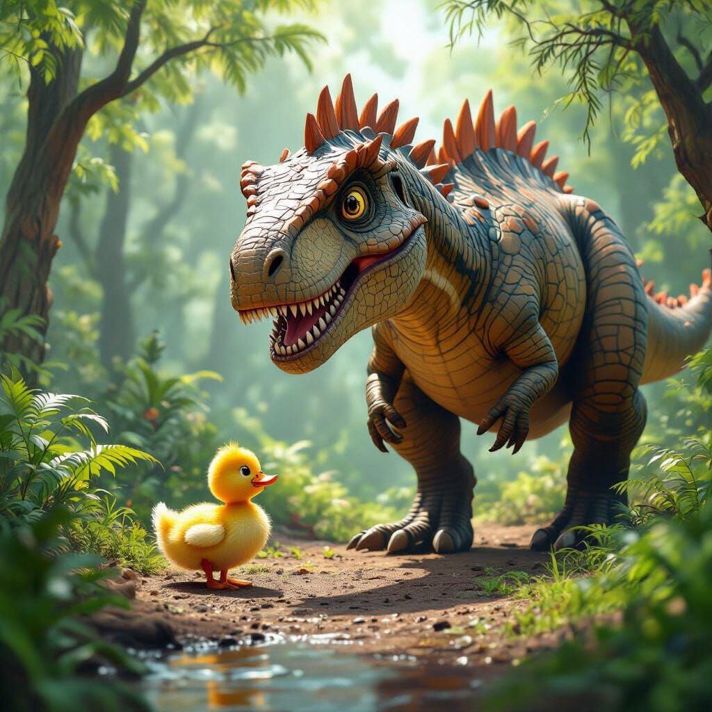 Dinosaur Chasing Duck in Lush 3D Forest