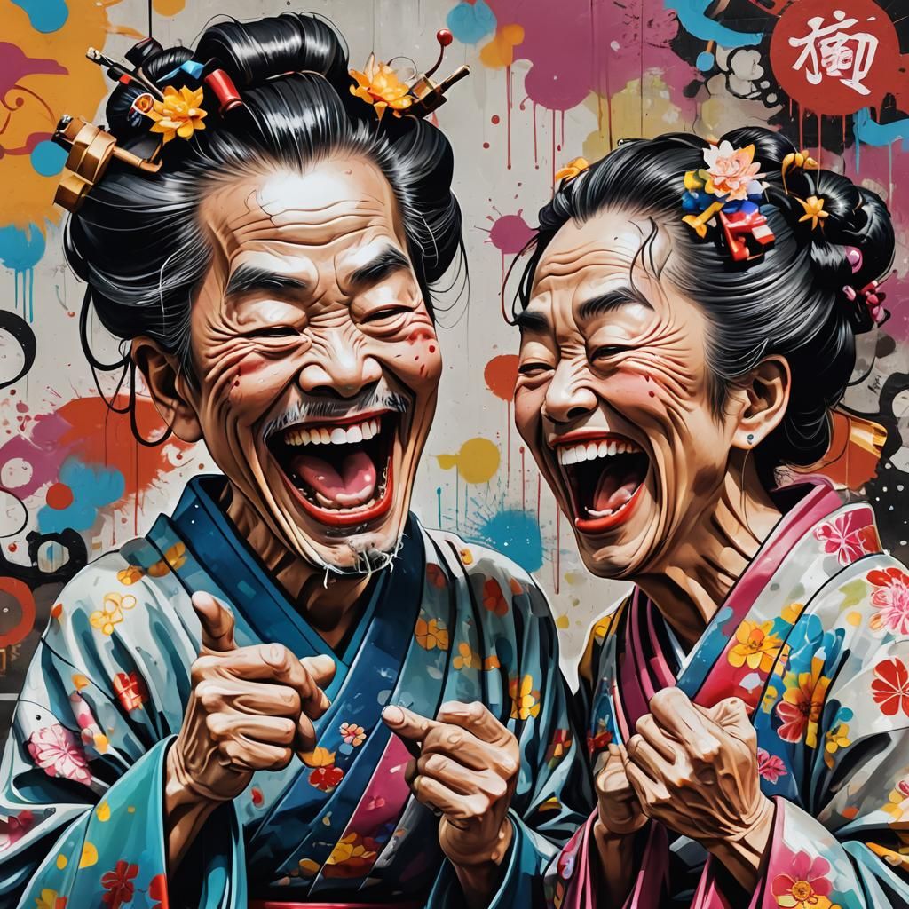 Funny Geishas Caricature in Graffiti Art Style