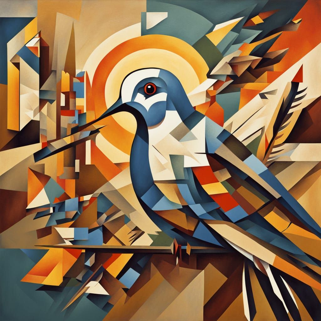 Cubist Dove Carrying a Rocket in Geometric Style