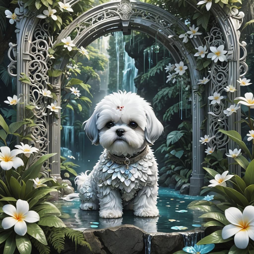 Iridescent Jungle Portal with White Bichon Shih Tzu