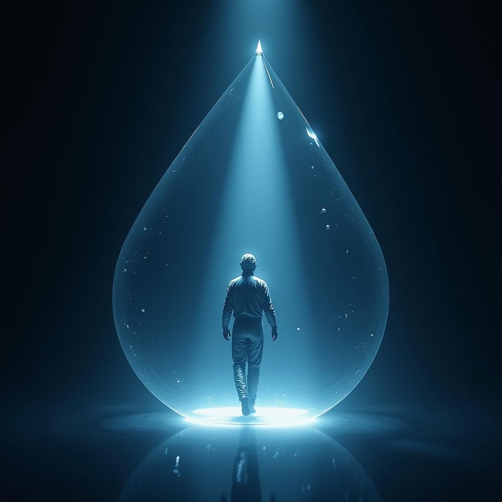 Man in Water Droplet Shining Flashlight in Space