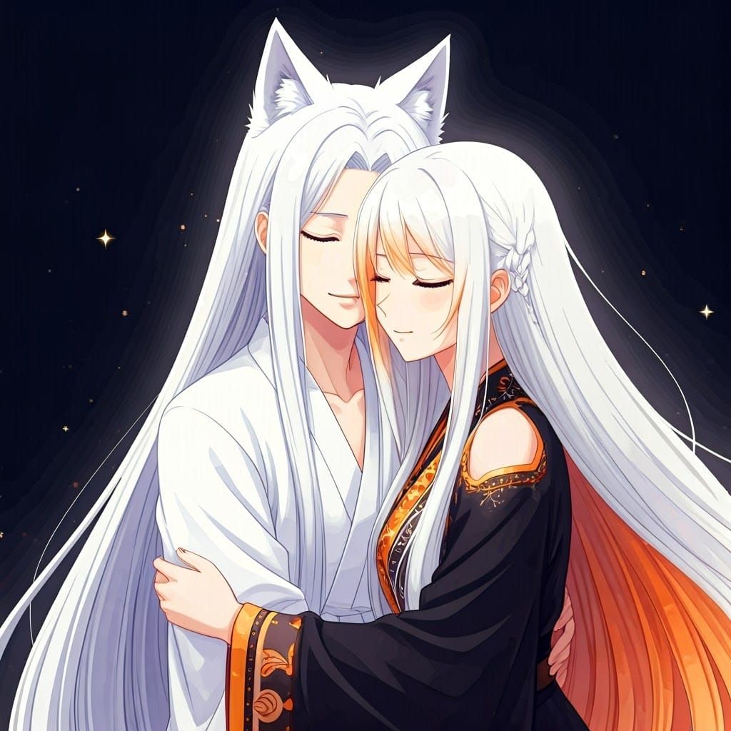Wolfie and Satsuki hugging