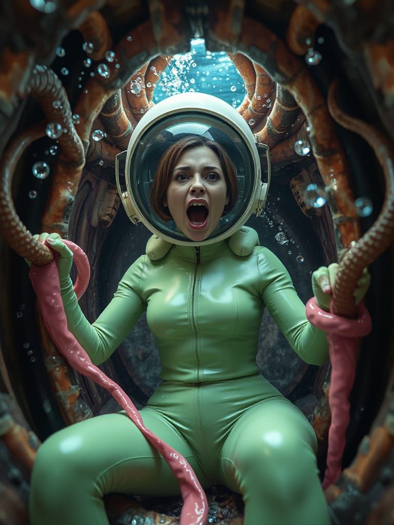 Busty Spacewoman Swallowed by Monster in Sci-Fi Scene