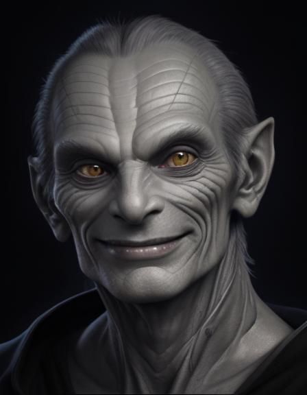 Marc Alaimo hybrid lizard, grey skin, smiling with enigmatic...
