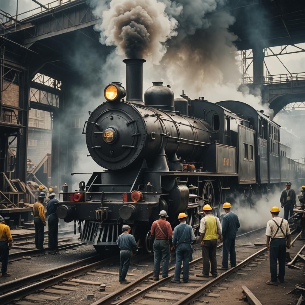 Workers Constructing a Steam Train: Cinematic Film Still
