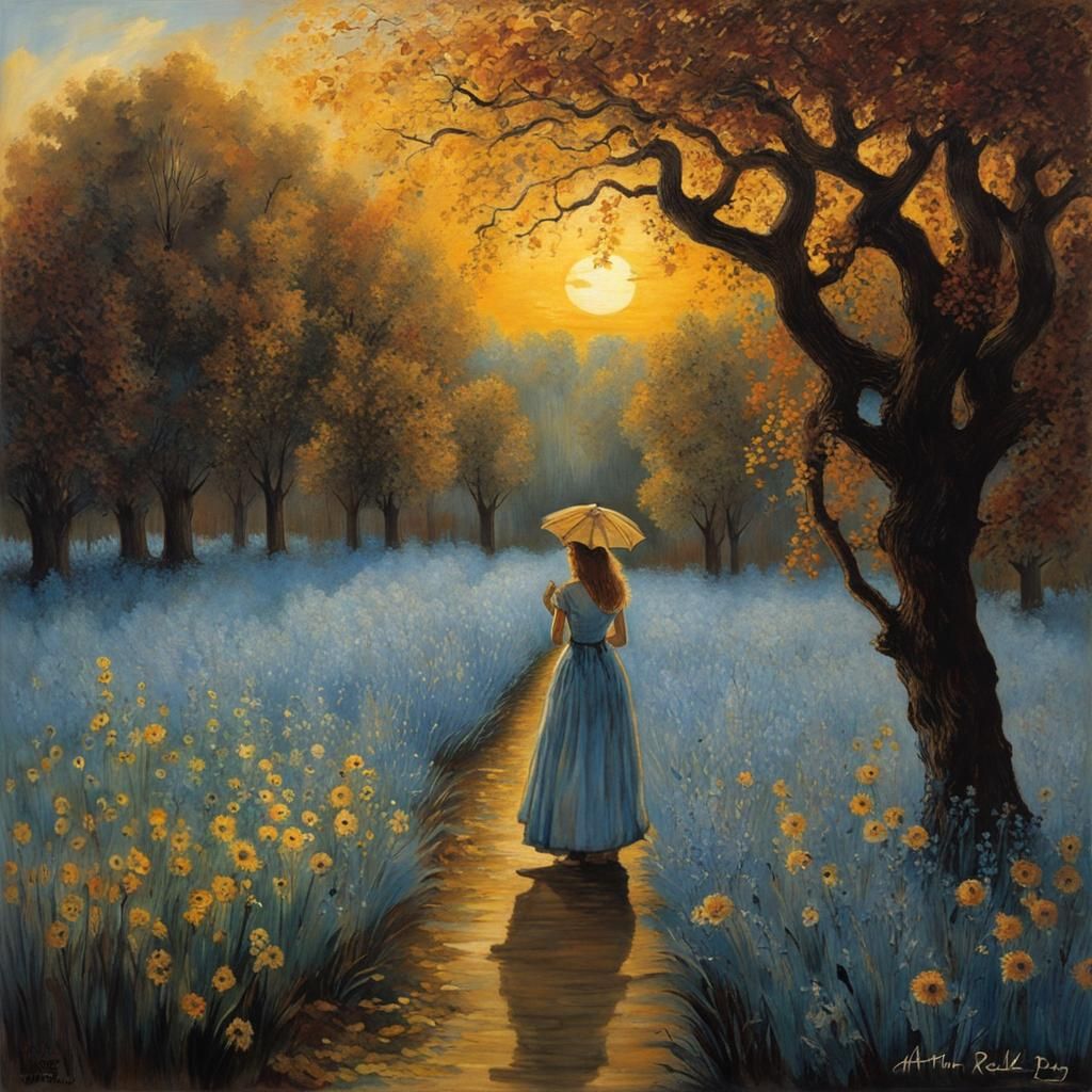 Dreamy Garden Dance with Shadows, in Expressionist Style