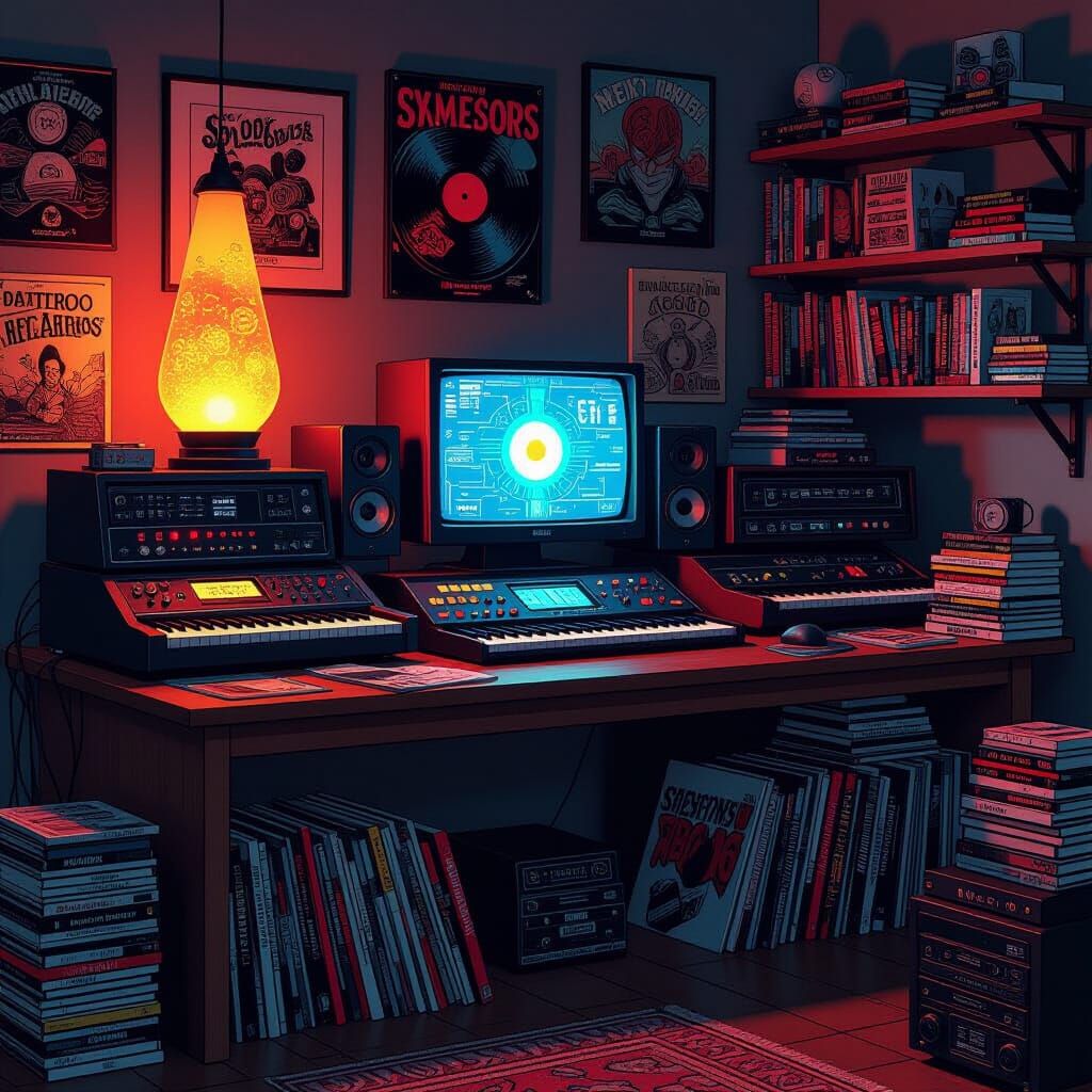 Geeky Room Filled with Music, Comics, and Retro Tech