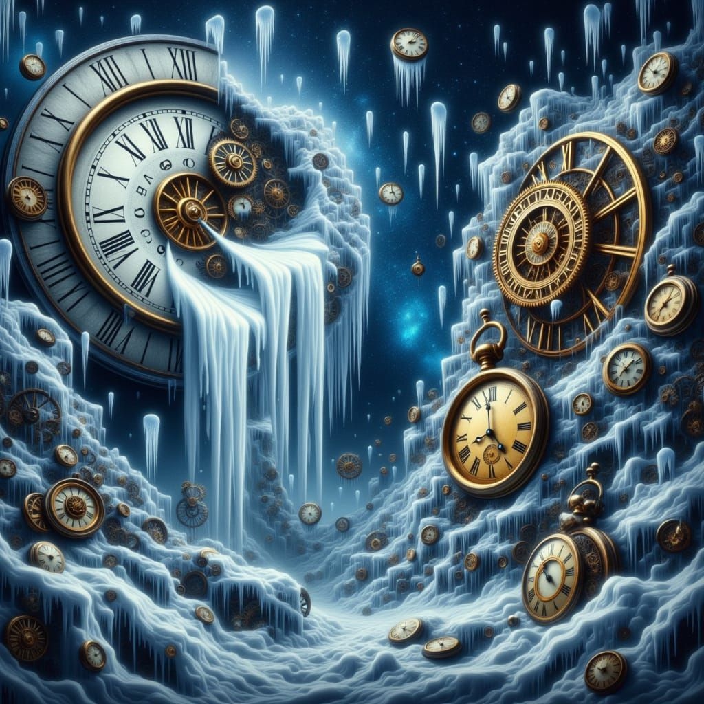 Shattered Grand Clock in Frozen Prehistoric Dreamscape