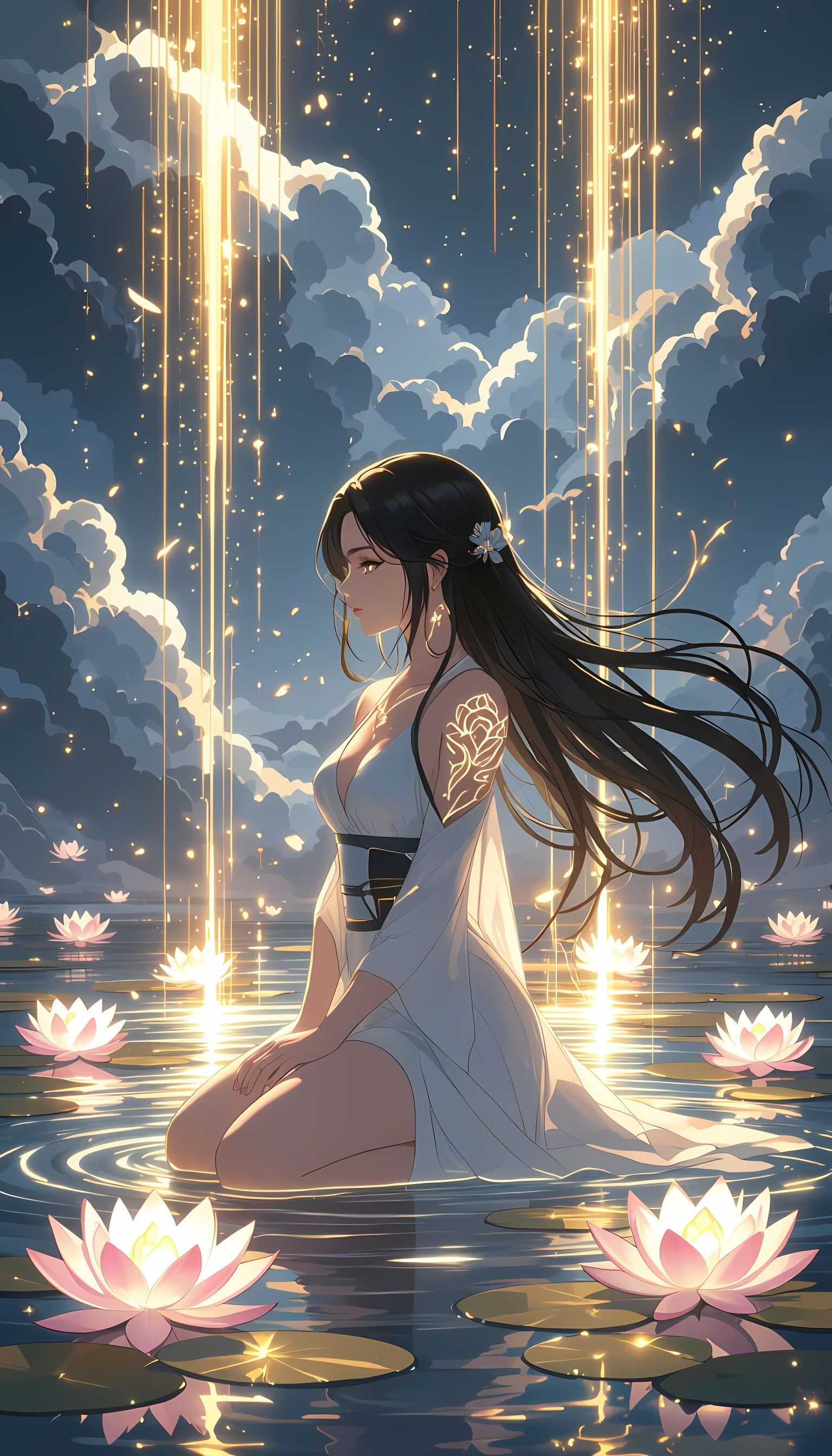 Anime Woman in Lotus Pool with Fantasy Lighting
