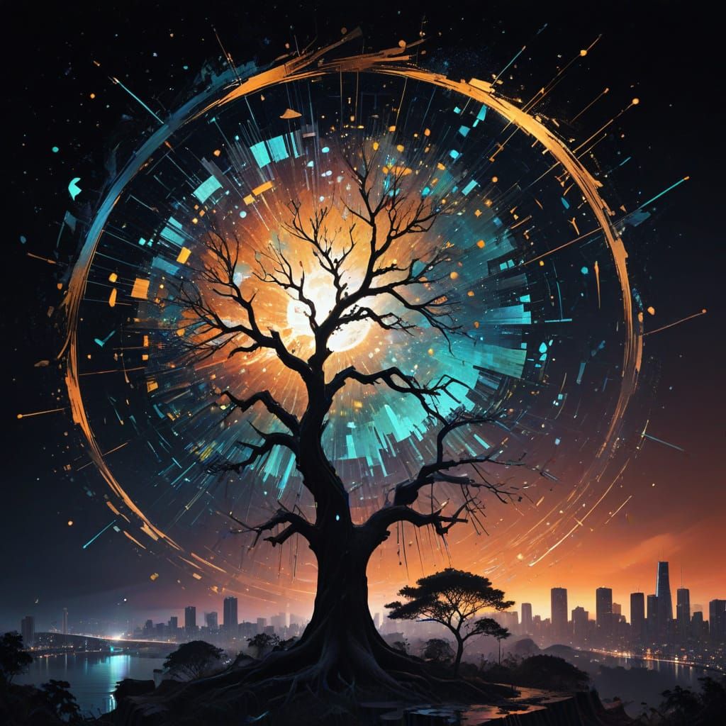 Glitching Sunset Amidst a Cyberpunk Tree