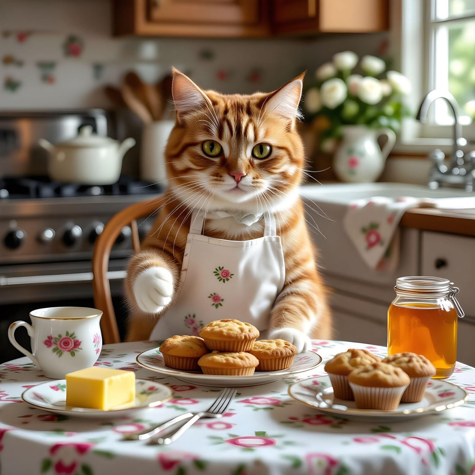 Tabby Cat Serves Baked Goods in Retro Kitchen
