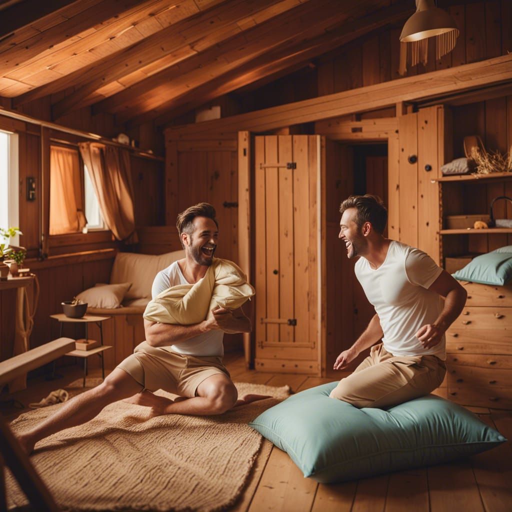 Gay Couple's Pillow Fight in Cosy Cottage