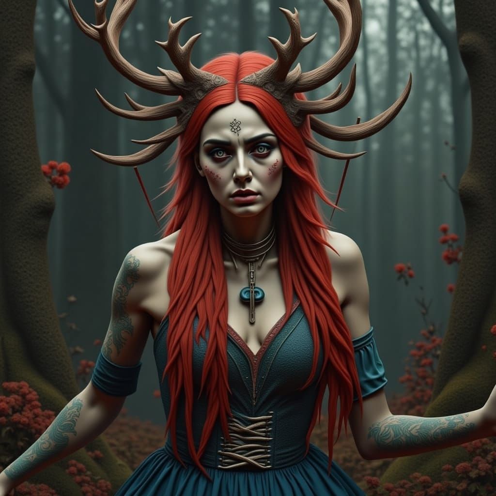 Norse Witch with Antlers Dancing in Cyberpunk Forest