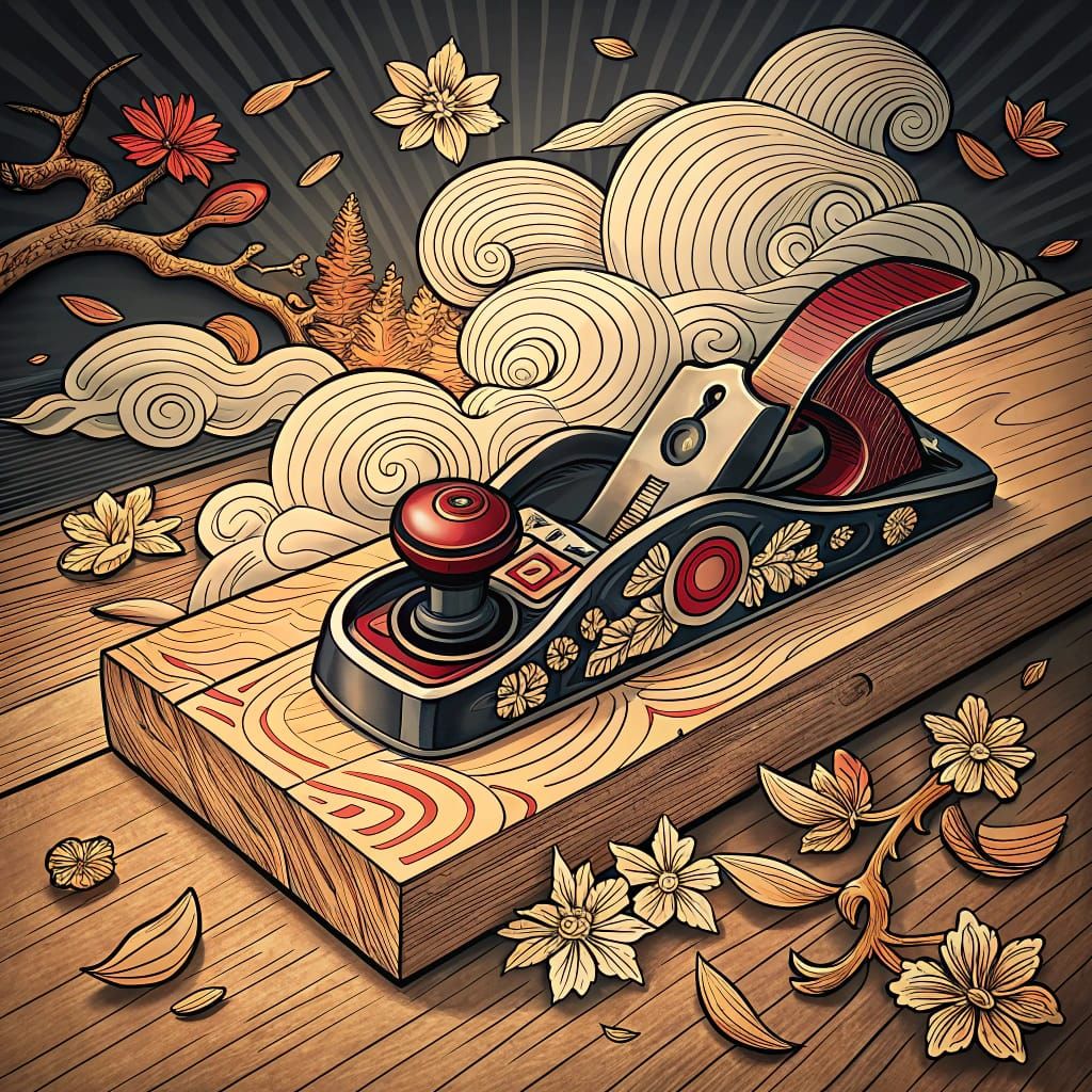 Vibrant Japanese Tattoo Art with Hand Plane on Wood