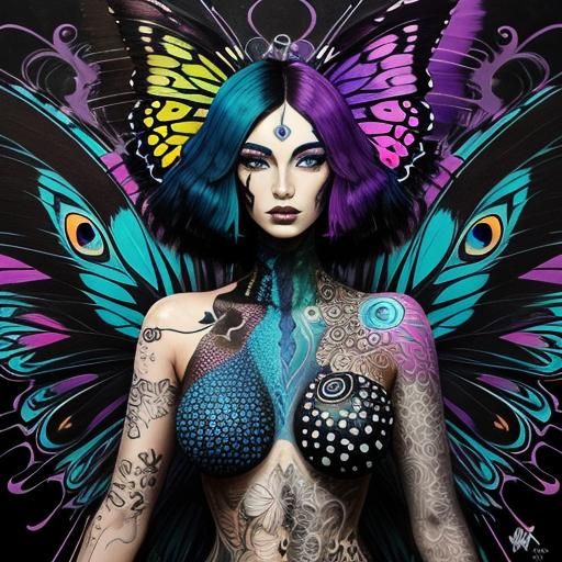 Butterfly Woman with Peacock Feathers in Graffiti Art Style