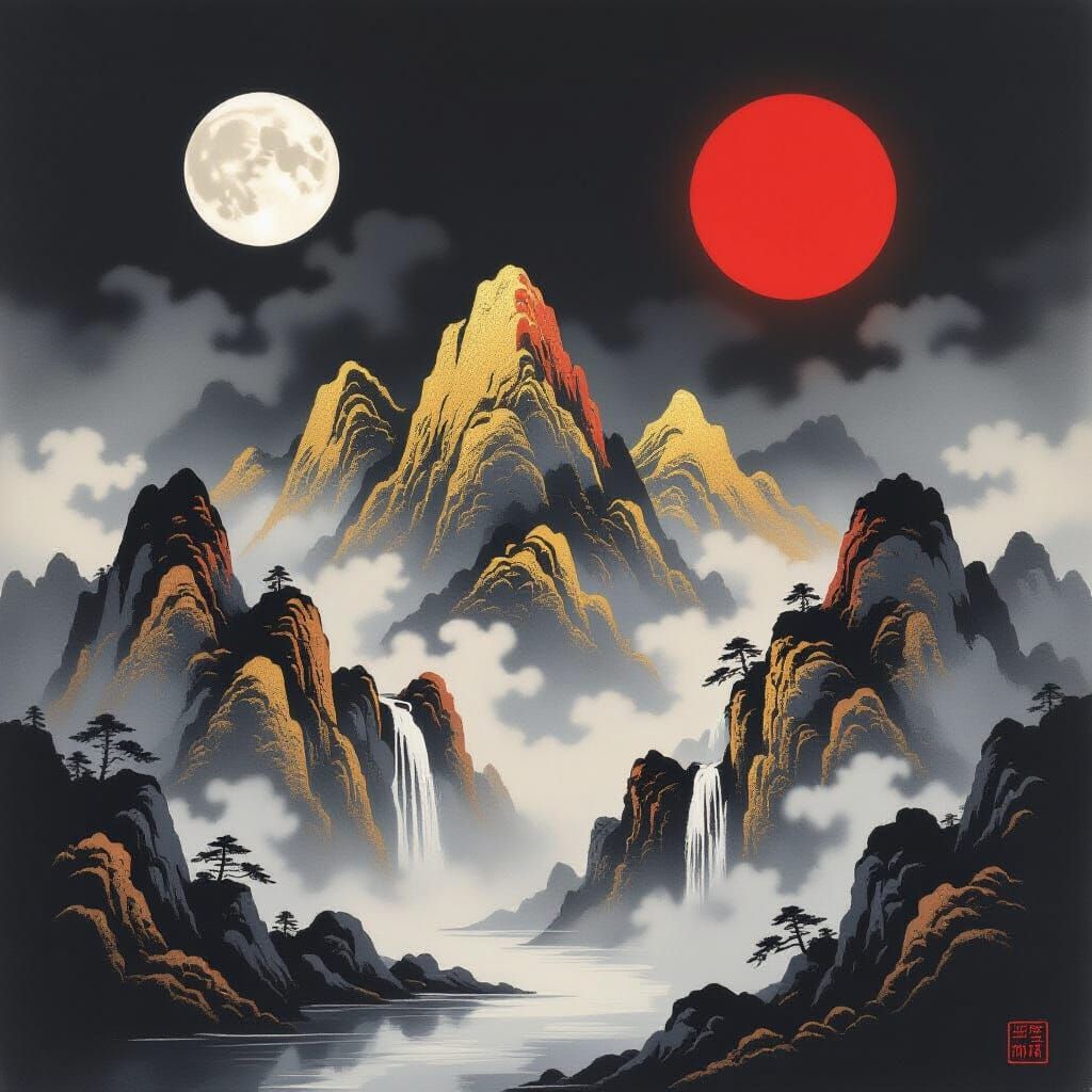 Korean Painting: Sun, Moon, and Golden Peaks of Kunlun