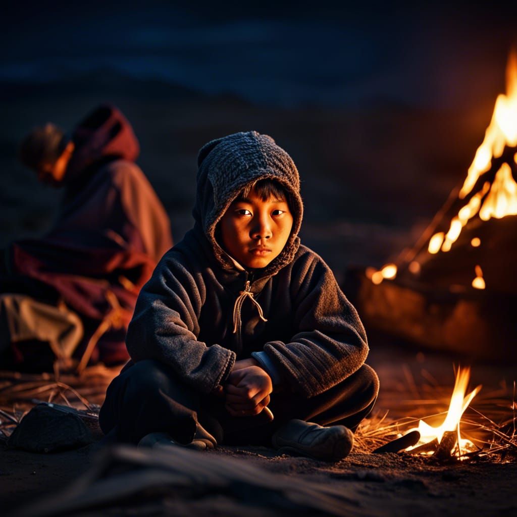 Mongol Boy by Campfire at Night in Hyperrealism