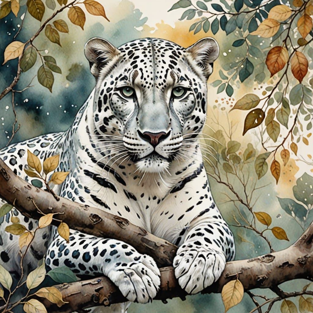 watercolor vintage style White Leopard on a branch. Mixed media with muted coloured trees, leaves twigs and petals in th...