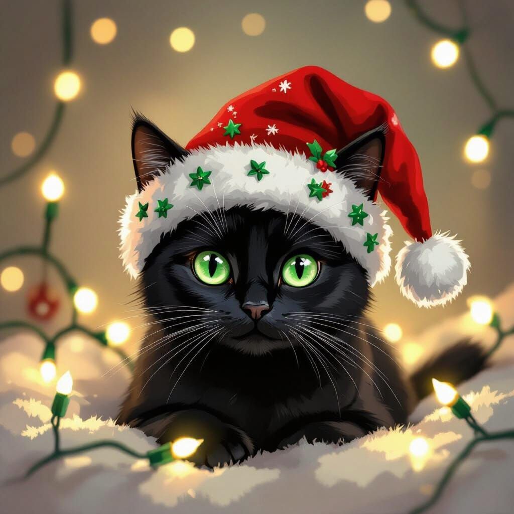 Whimsical Black Cat in Christmas Hat