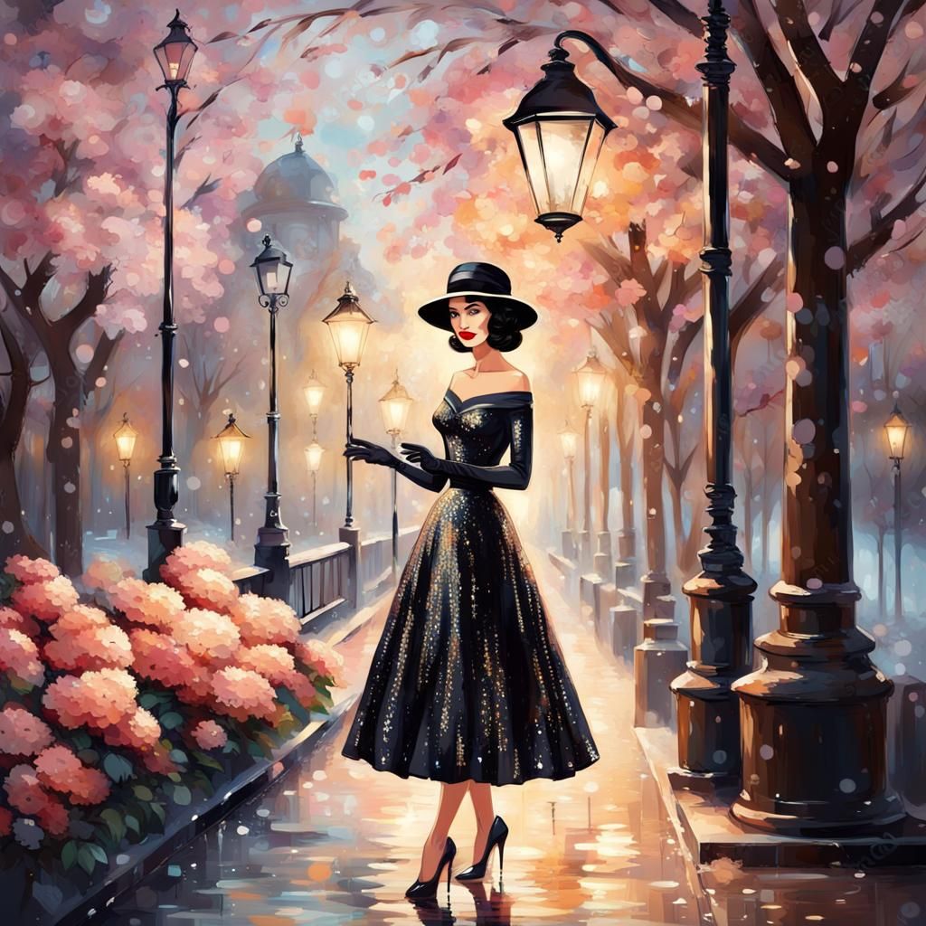 Ravishing 1950s Woman in Spring Landscape, Splash Art