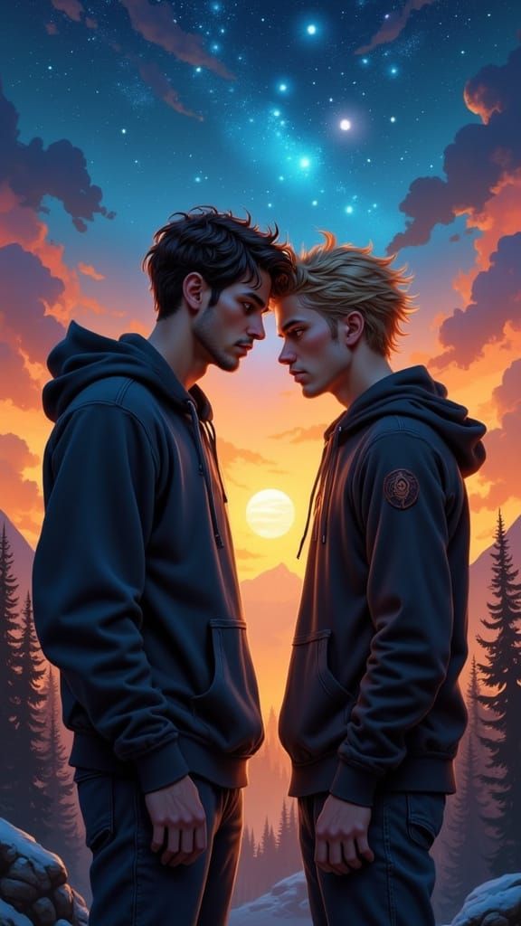 Two Men Under Starry Night Sky in Digital Painting Style