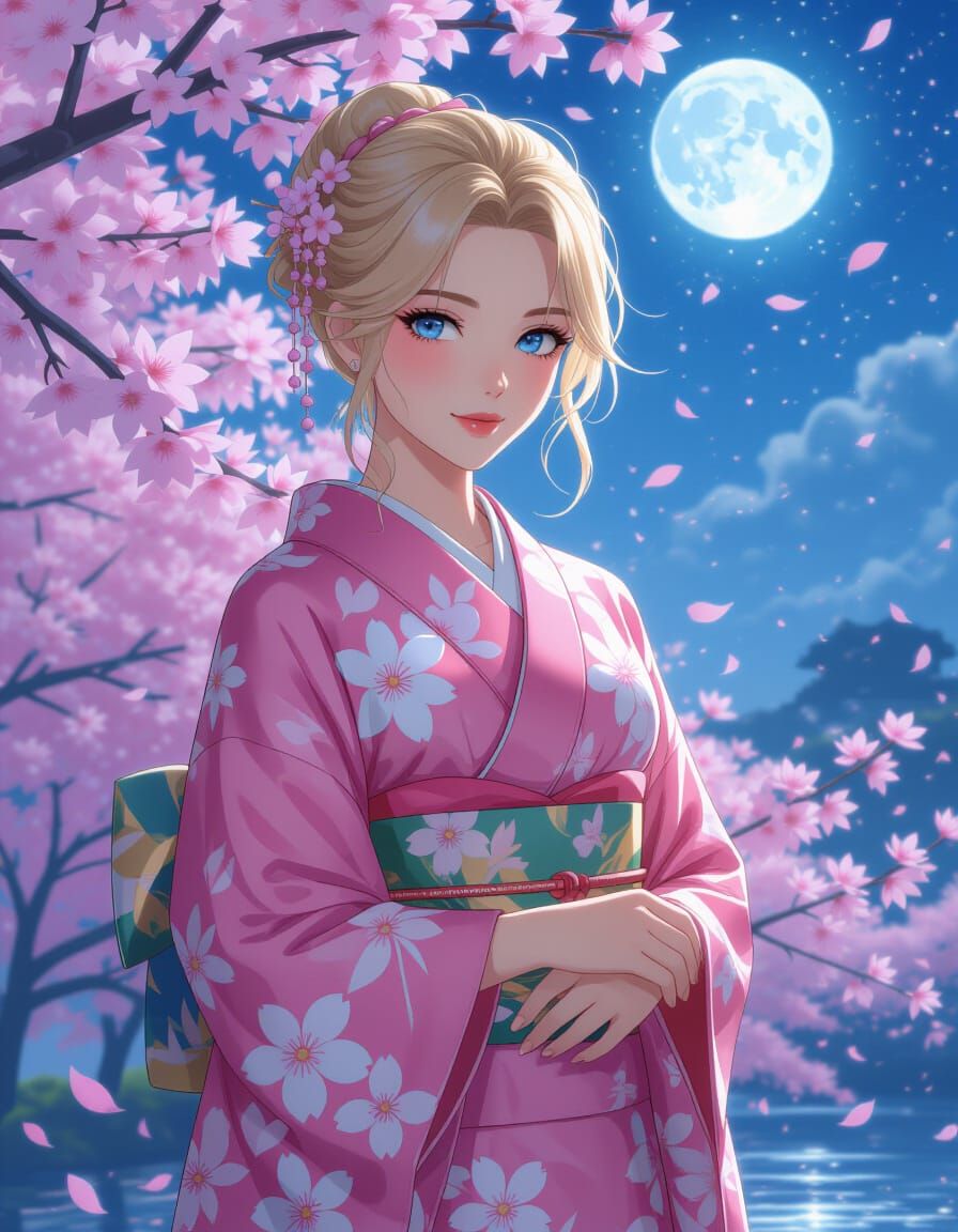 Japanese Woman in Cherry Blossoms, Anime Style