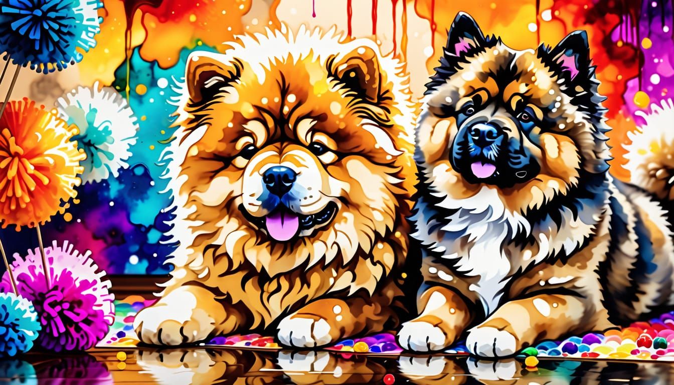 Pompom Cat and Puppy Playing in Alcohol Ink Style